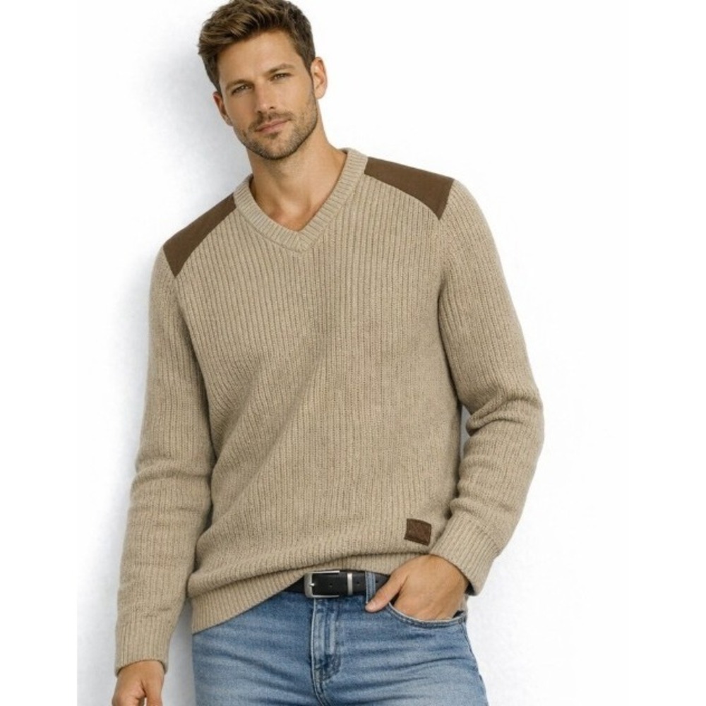 Lucky Brand Mens XL V-Neck Ribbed Cotton Sweater Tan Brown Shoulder‎ Patches Y2K
